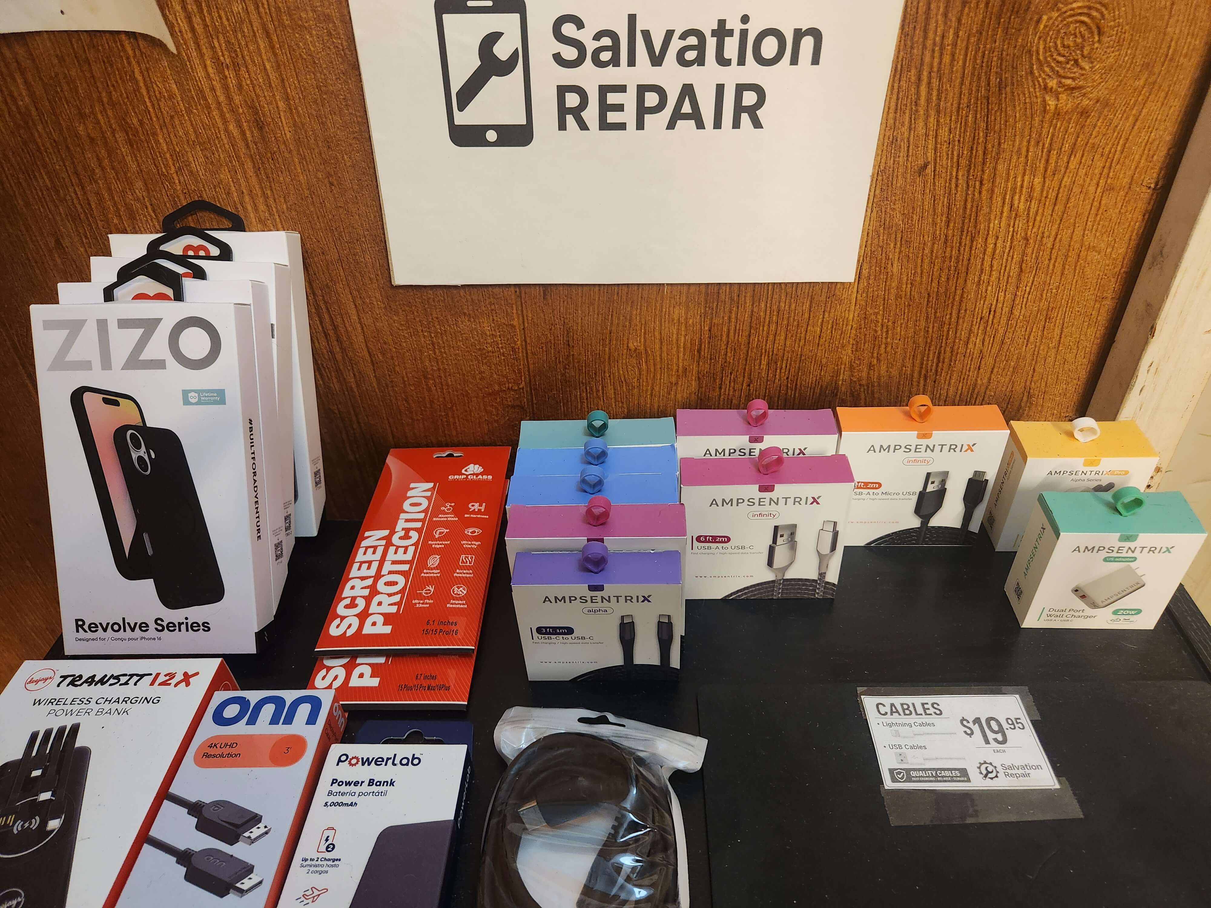 Phone accessories on display